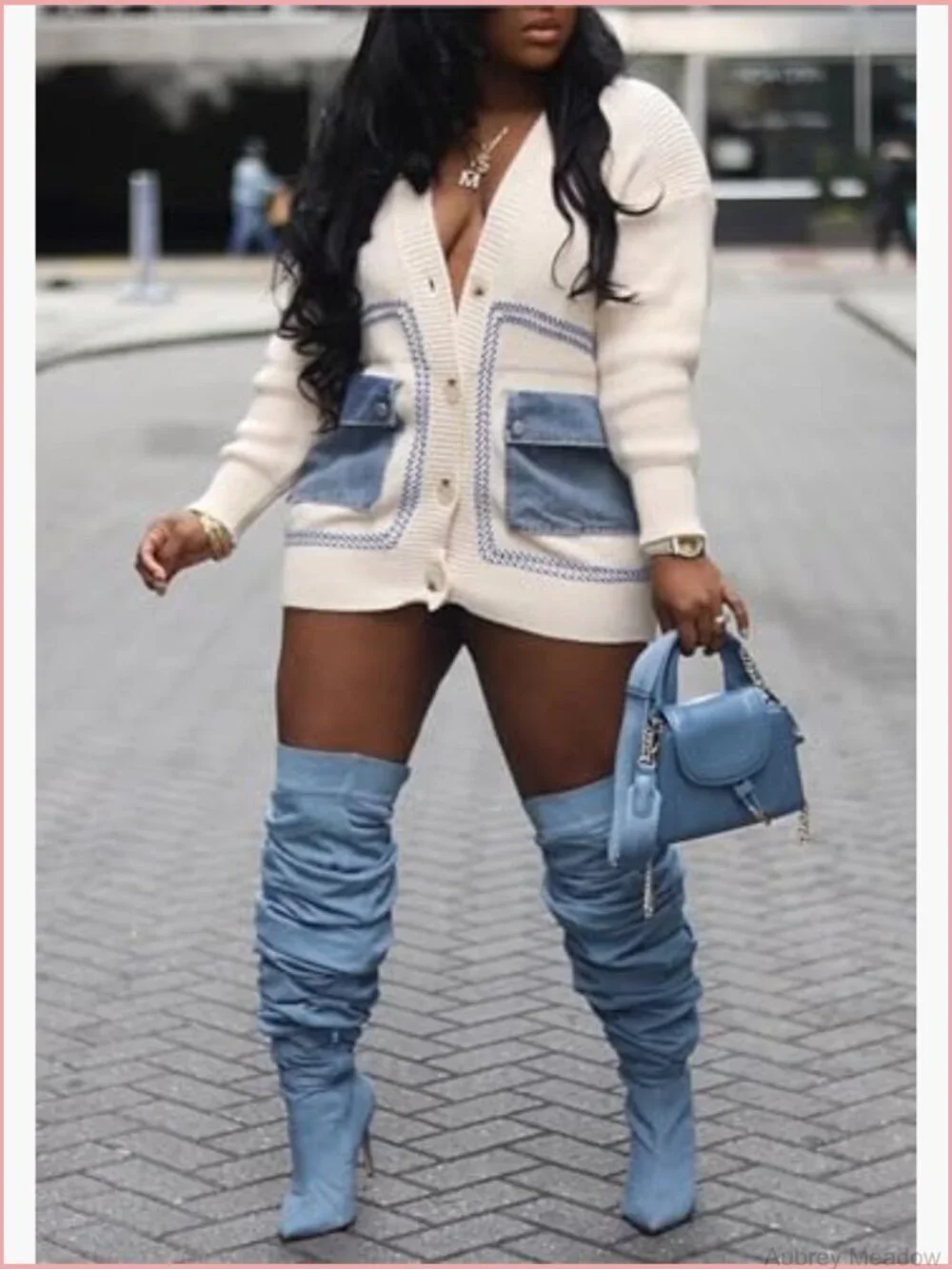 Open Front Chunky Cable Knit Cardigan with Denim Pockets